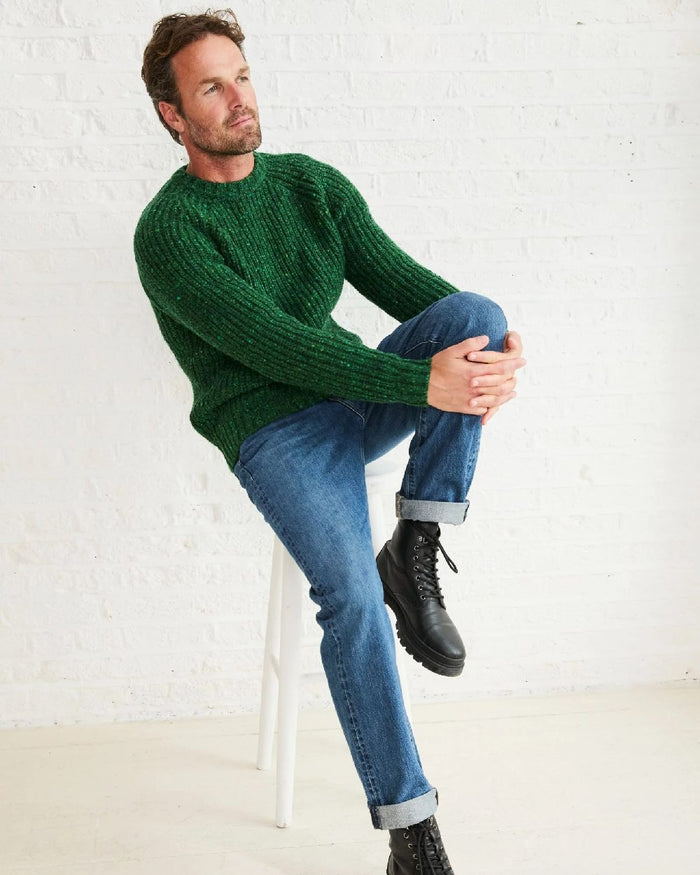 Bright Green Coloured Aran Mens Killykeen Fisherman Ribbed Crew on indoor background #colour_bright-green