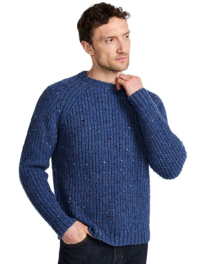 Denim Coloured Aran Mens Killykeen Fisherman Ribbed Crew on white background #colour_denim
