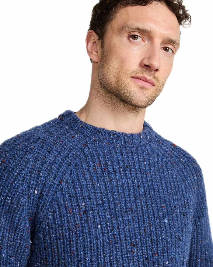 Denim Coloured Aran Mens Killykeen Fisherman Ribbed Crew on white background #colour_denim
