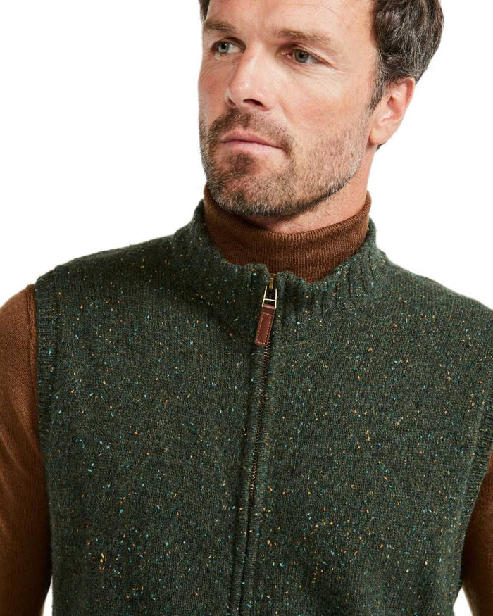 Green Coloured Aran Mens Rossport Nepped Gilet on white background #colour_green