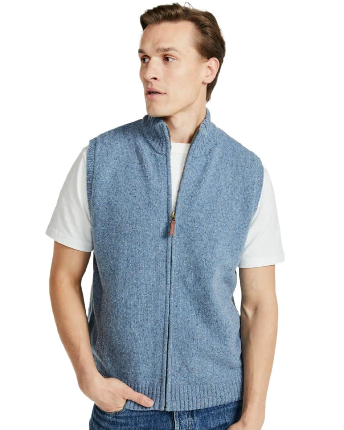 Blue Coloured Aran Mens Rossport Nepped Gilet on white background #colour_blue