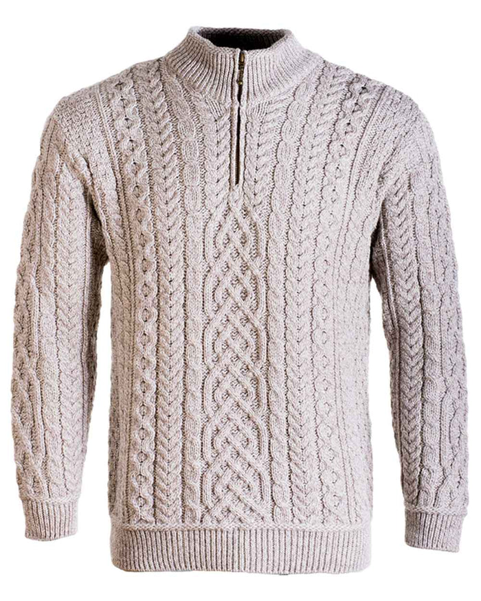 Oat Coloured Aran Supersoft Merino 1/2 Zip Jumper on white background #colour_oat
