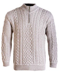 Oat Coloured Aran Supersoft Merino 1/2 Zip Jumper on white background #colour_oat