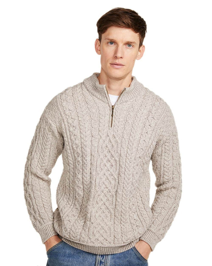 Oat Coloured Aran Supersoft Merino 1/2 Zip Jumper on white background #colour_oat