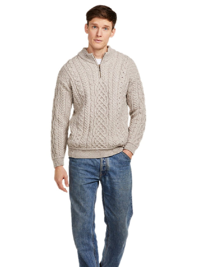 Oat Coloured Aran Supersoft Merino 1/2 Zip Jumper on white background #colour_oat
