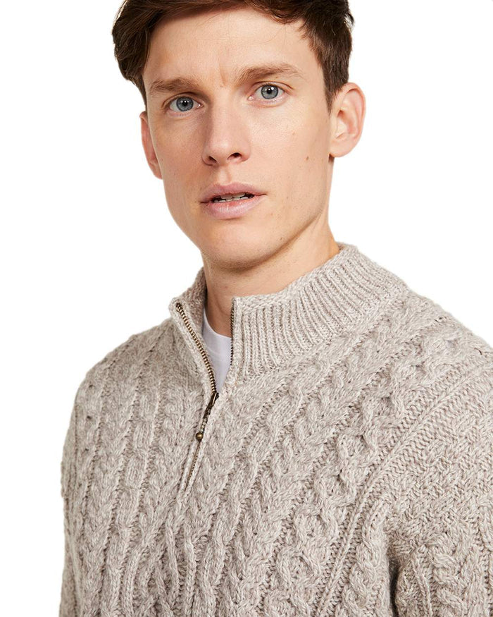 Oat Coloured Aran Supersoft Merino 1/2 Zip Jumper on white background #colour_oat