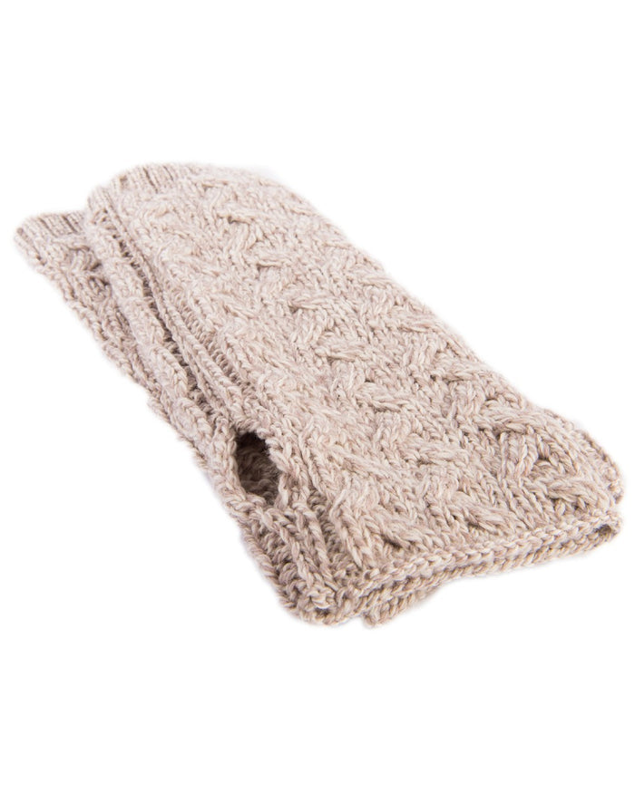 Oat Coloured Aran Supersoft Merino Fingerless Gloves on white background #colour_oat