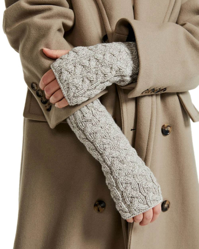 Oat Coloured Aran Supersoft Merino Fingerless Gloves on white background #colour_oat