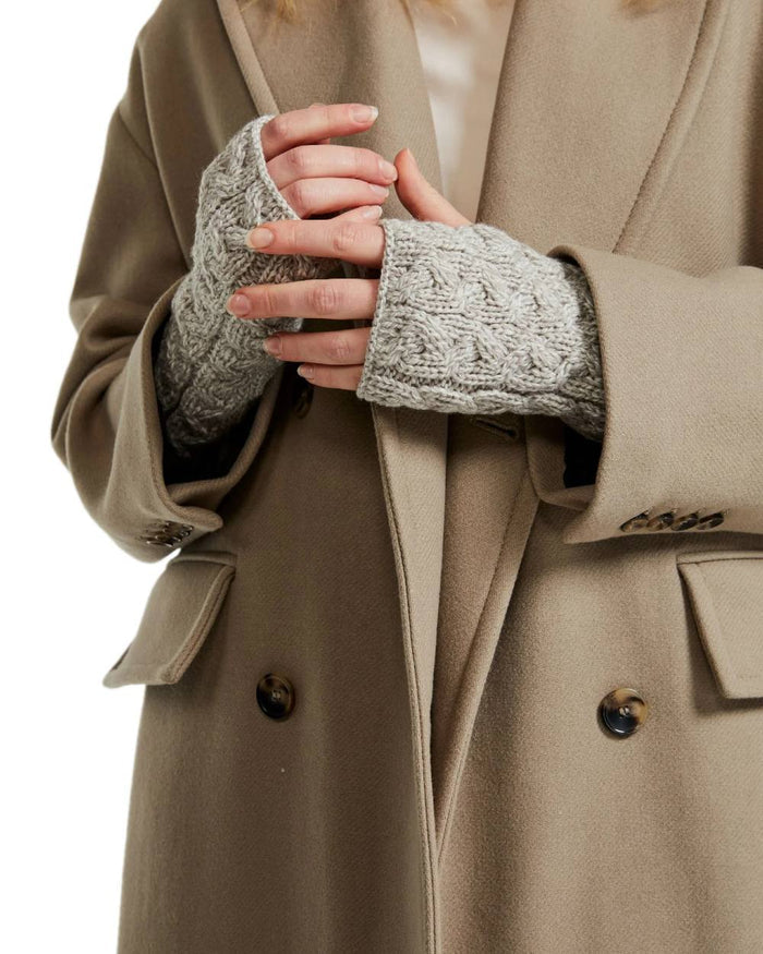 Oat Coloured Aran Supersoft Merino Fingerless Gloves on white background #colour_oat