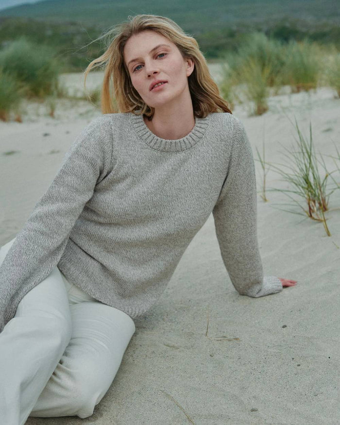 Oat Coloured Aran Womens Aoife Supersoft Crewneck Sweater on outdoor background #colour_oat