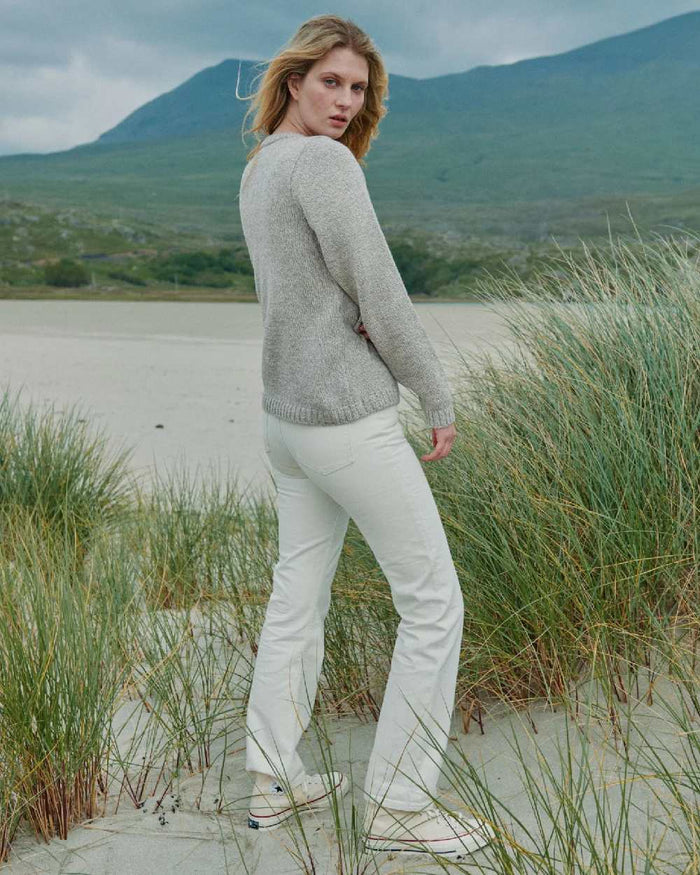 Oat Coloured Aran Womens Aoife Supersoft Crewneck Sweater on outdoor background #colour_oat