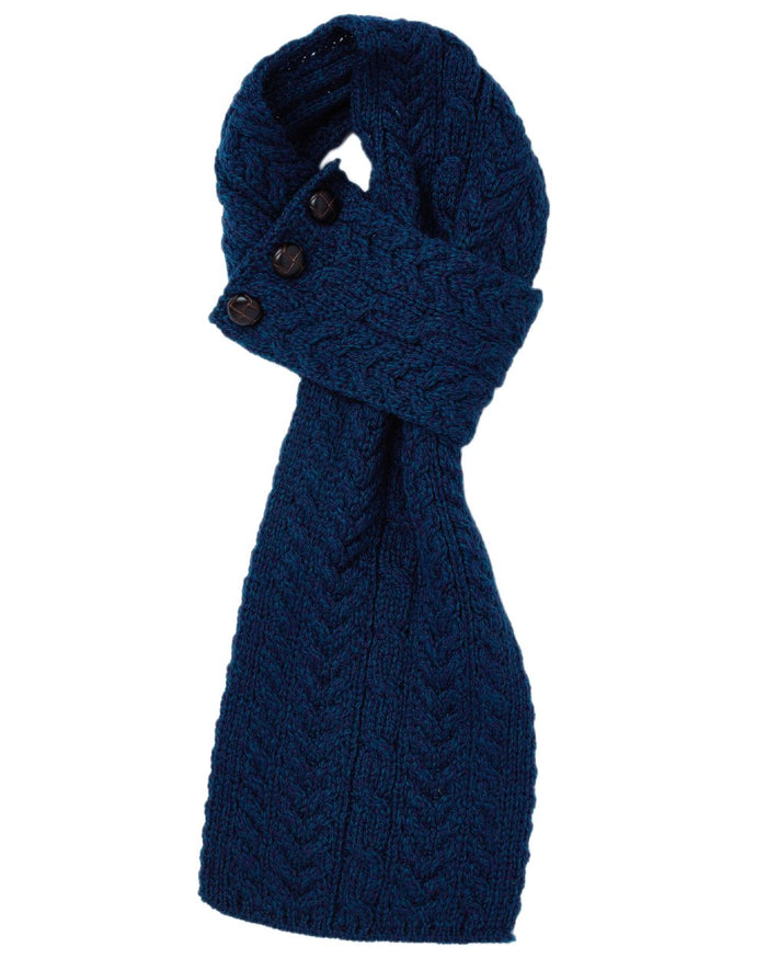 Atlantic Blue Coloured Aran Womens Ballina Buttoned Loop Scarf on white background #colour_atlantic-blue