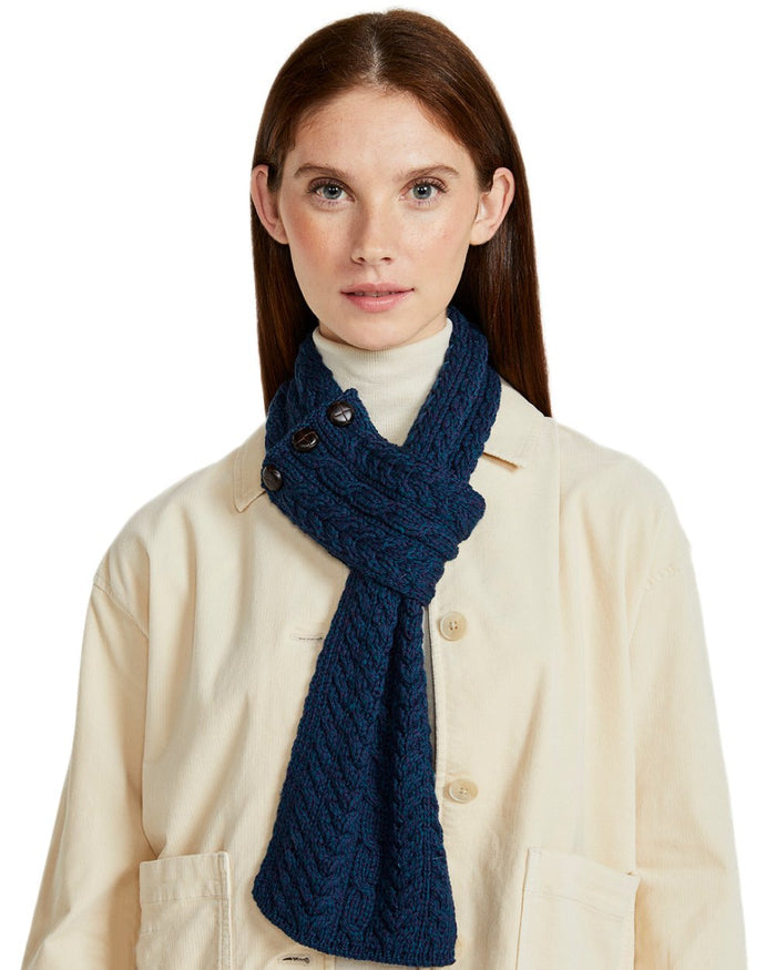 Atlantic Blue Coloured Aran Womens Ballina Buttoned Loop Scarf on white background #colour_atlantic-blue