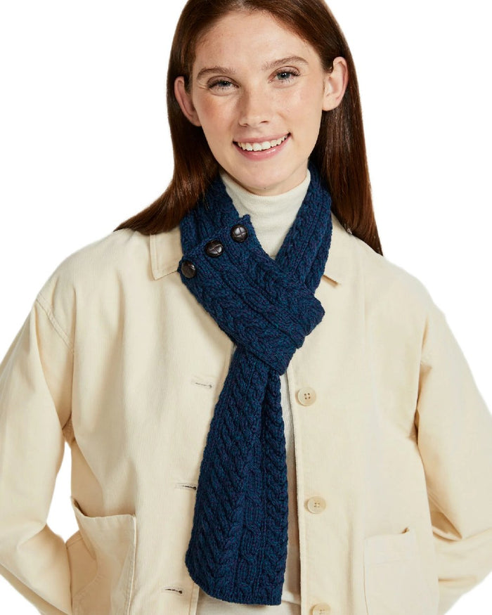 Atlantic Blue Coloured Aran Womens Ballina Buttoned Loop Scarf on white background #colour_atlantic-blue