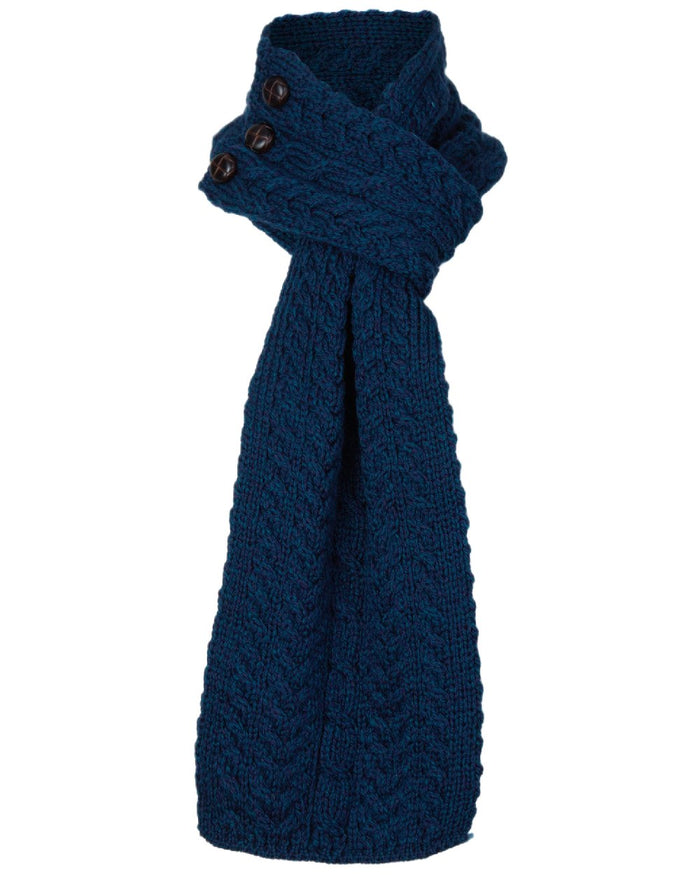 Atlantic Blue Coloured Aran Womens Ballina Buttoned Loop Scarf on white background #colour_atlantic-blue
