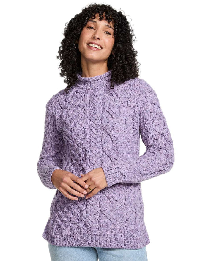 Soft Lilac Coloured Aran Womens Calla Aysmmetrical Pattern Sweater on white background #colour_soft-lilac