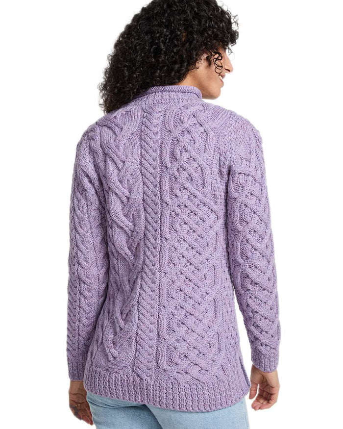 Soft Lilac Coloured Aran Womens Calla Aysmmetrical Pattern Sweater on white background #colour_soft-lilac