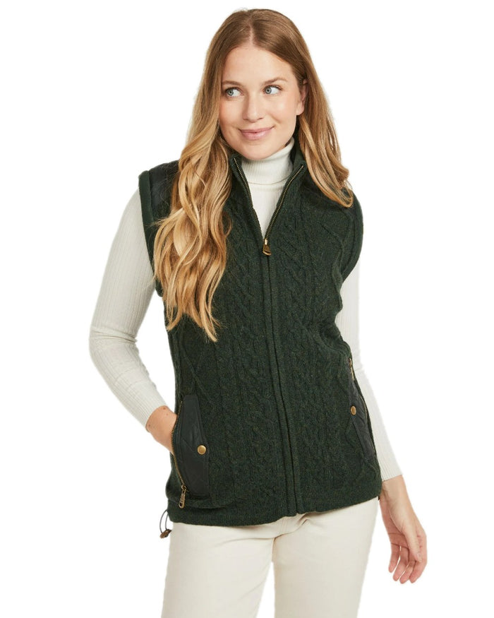 Green Coloured Aran Womens Castlehill Gilet with Fleece Collar on white background #colour_green