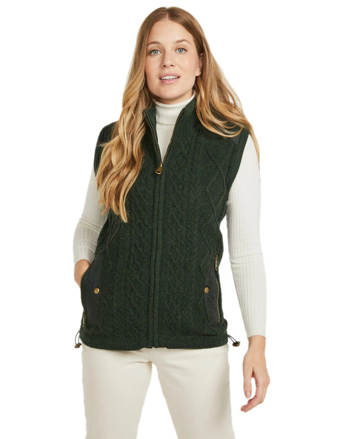 Green Coloured Aran Womens Castlehill Gilet with Fleece Collar on white background #colour_green