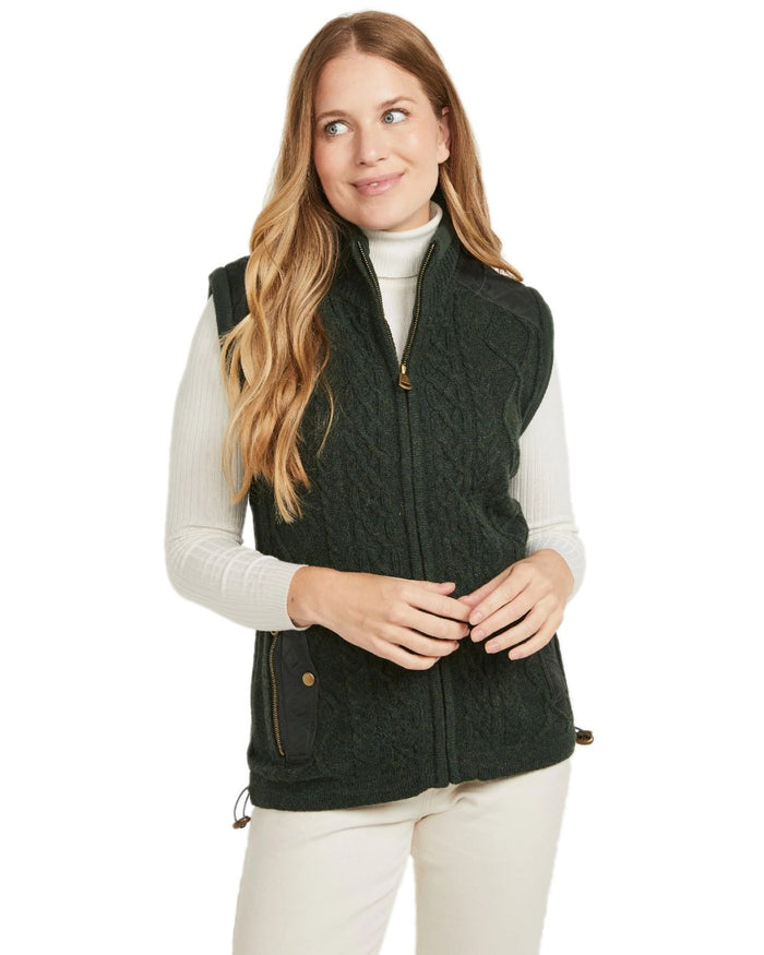 Green Coloured Aran Womens Castlehill Gilet with Fleece Collar on white background #colour_green