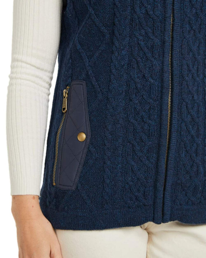 Navy Coloured Aran Womens Castlehill Gilet with Fleece Collar on white background #colour_navy