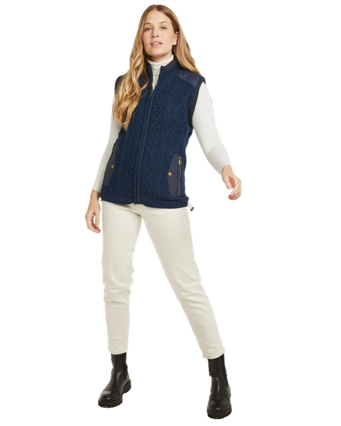 Navy Coloured Aran Womens Castlehill Gilet with Fleece Collar on white background #colour_navy