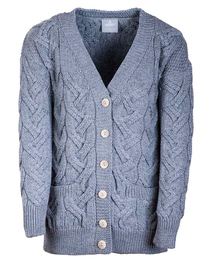 Denim coloured Aran Womens Downpatrick Cardigan on white background #colour_denim
