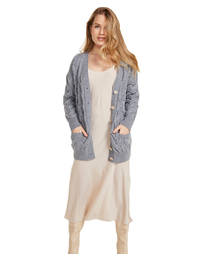 Denim coloured Aran Womens Downpatrick Cardigan on white background #colour_denim