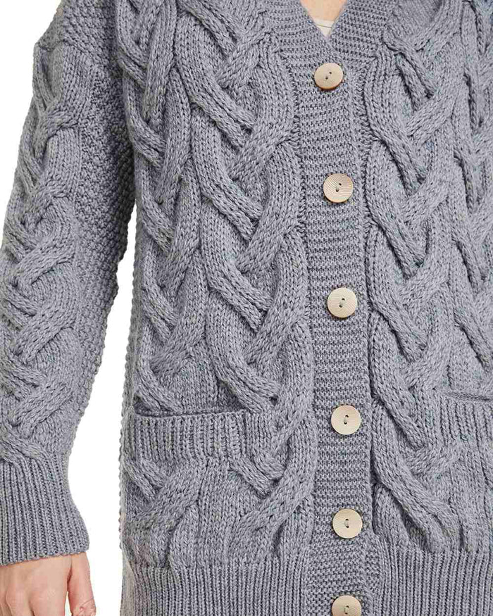 Denim coloured Aran Womens Downpatrick Cardigan on white background #colour_denim