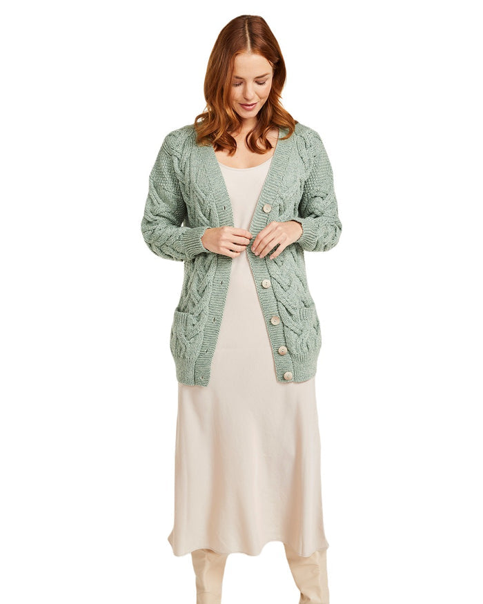 Mint coloured Aran Womens Downpatrick Cardigan on white background #colour_mint