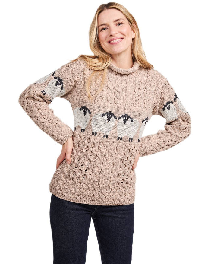 Oat Coloured Aran Womens Sheep Pattern Sweater on white background #colour_oat