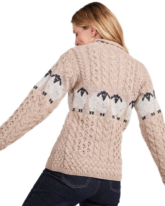 Oat Coloured Aran Womens Sheep Pattern Sweater on white background #colour_oat