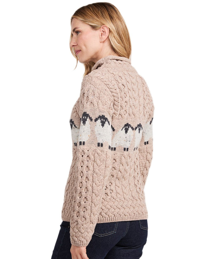 Oat Coloured Aran Womens Sheep Pattern Sweater on white background #colour_oat