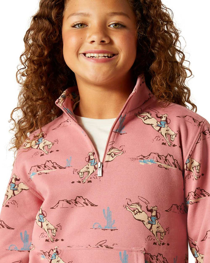 Bronc Toile Coloured Ariat Childrens Bronc Scene Quarter Zip Sweatshirt on white background #colour_bronc-toile