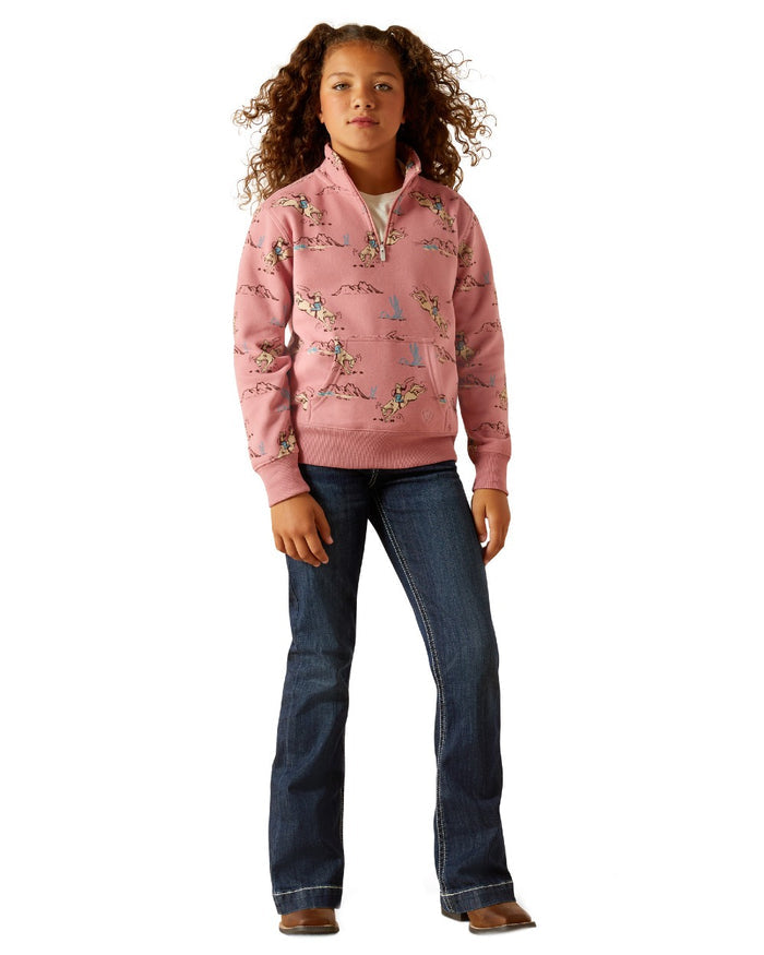 Bronc Toile Coloured Ariat Childrens Bronc Scene Quarter Zip Sweatshirt on white background #colour_bronc-toile