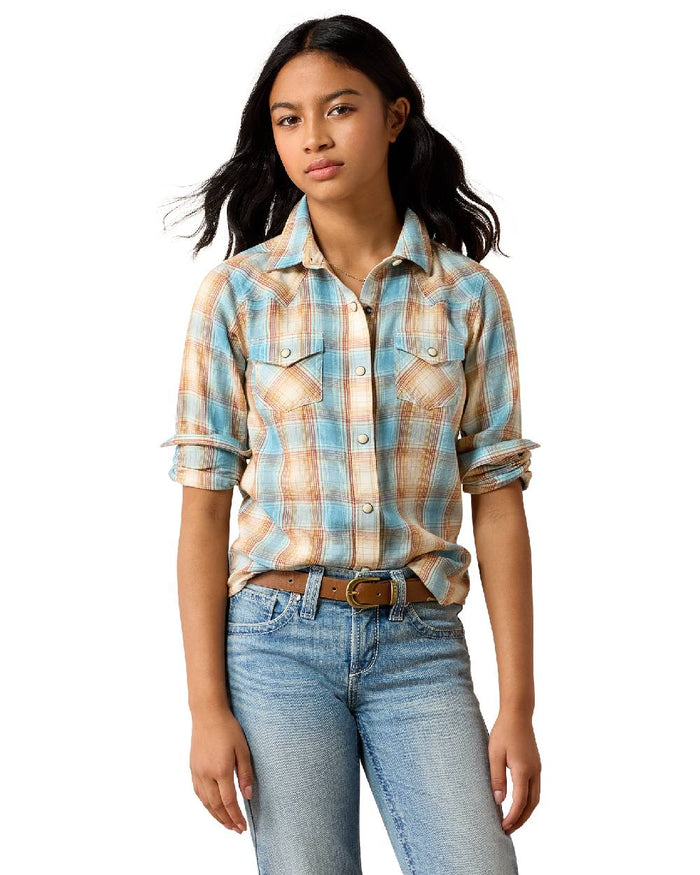 Multi coloured Ariat Creekside Western Snap Shirt on beige background #colour_multi