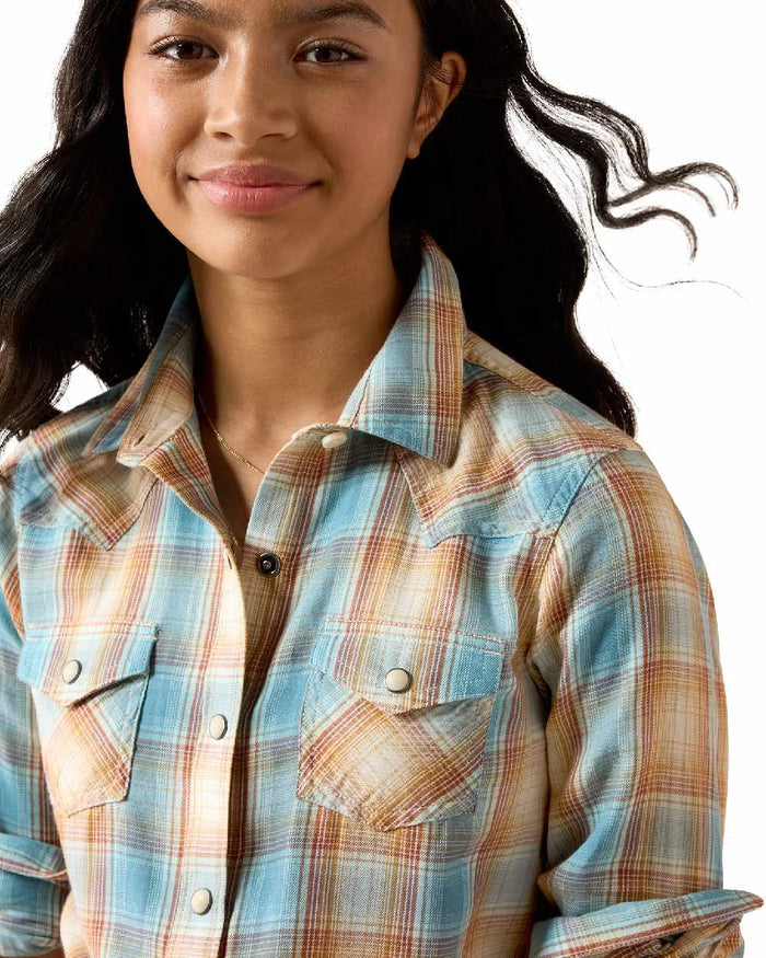 Multi coloured Ariat Creekside Western Snap Shirt on beige background #colour_multi