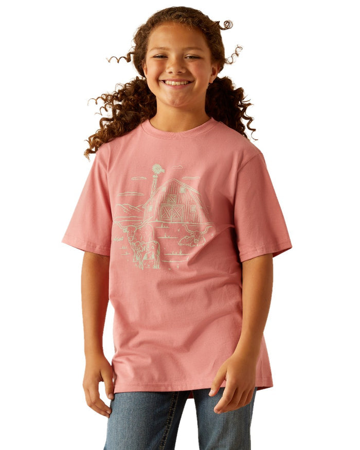 Dusty Rose coloured Ariat Childrens Farm Scene Short Sleeve T-Shirt on white background #colour_dusty-rose