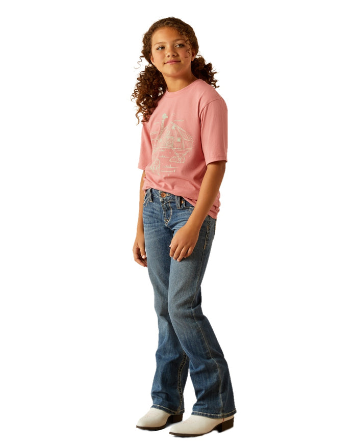 Dusty Rose coloured Ariat Childrens Farm Scene Short Sleeve T-Shirt on white background #colour_dusty-rose
