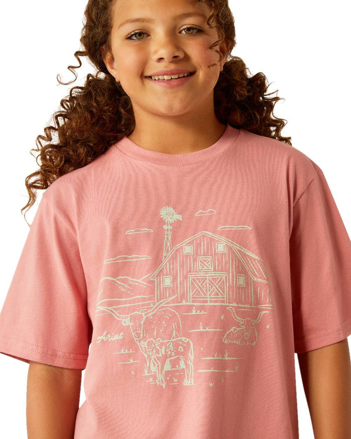 Dusty Rose coloured Ariat Childrens Farm Scene Short Sleeve T-Shirt on white background #colour_dusty-rose