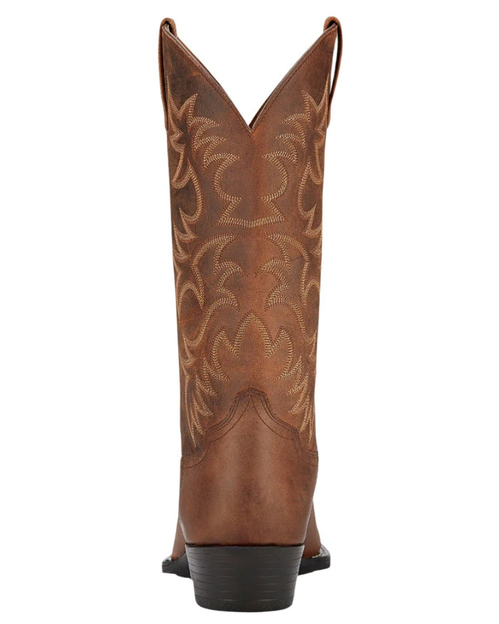 Distressed Brown Coloured Ariat Mens Heritage R Toe Western Boot on white background #colour_distressed-brown