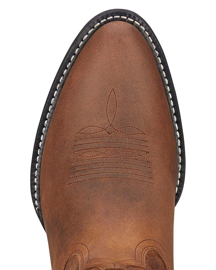 Distressed Brown Coloured Ariat Mens Heritage R Toe Western Boot on white background #colour_distressed-brown