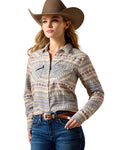 Ombre Blue Southwest coloured Ariat Womens Arizona Western Snap Shirt on white background #colour_ombre-blue-southwest