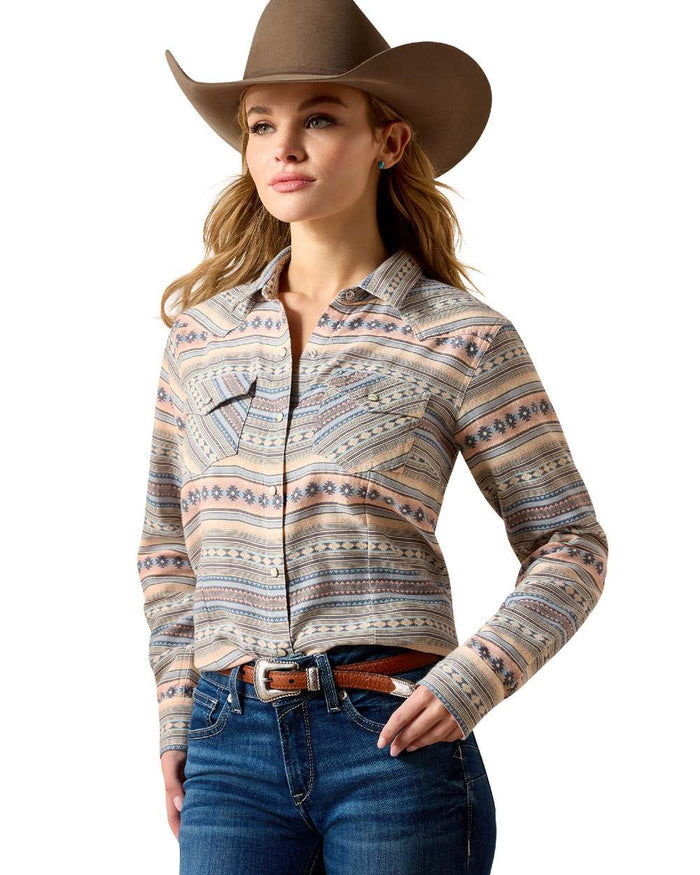 Ombre Blue Southwest coloured Ariat Womens Arizona Western Snap Shirt on white background #colour_ombre-blue-southwest