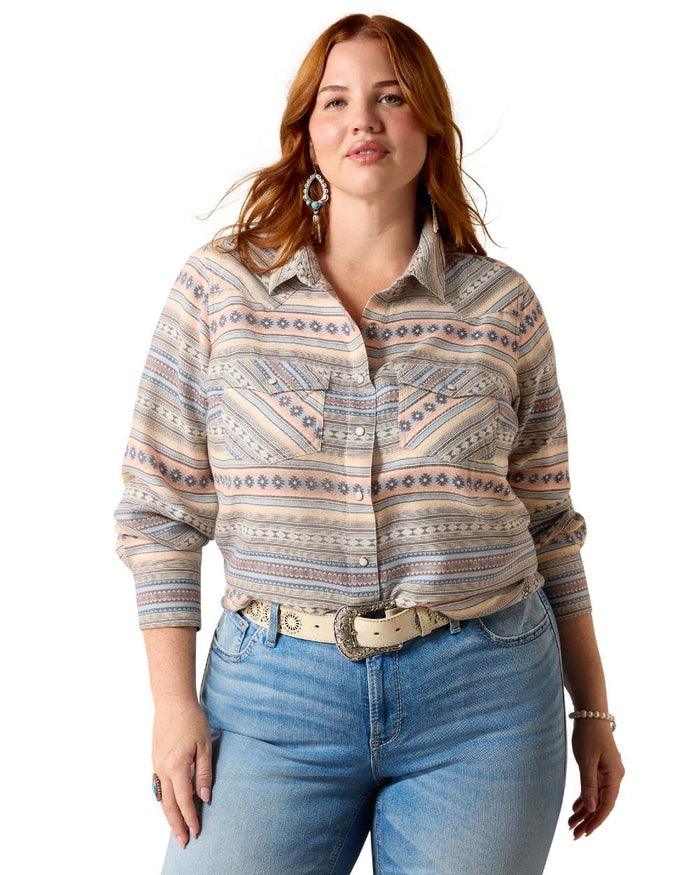 Ombre Blue Southwest coloured Ariat Womens Arizona Western Snap Shirt on white background #colour_ombre-blue-southwest