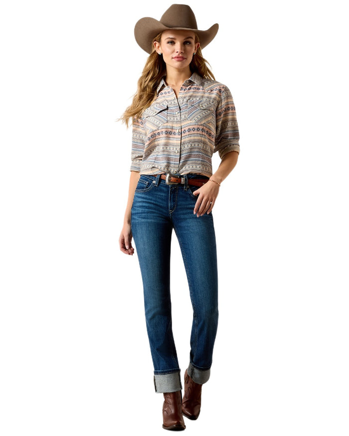 Ombre Blue Southwest coloured Ariat Womens Arizona Western Snap Shirt on white background #colour_ombre-blue-southwest