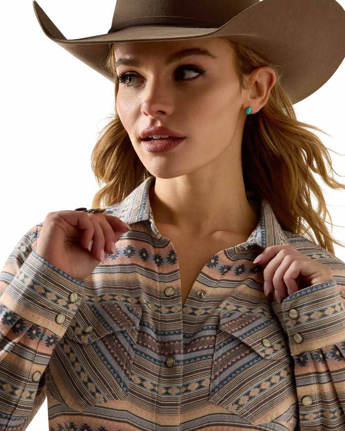 Ombre Blue Southwest coloured Ariat Womens Arizona Western Snap Shirt on white background #colour_ombre-blue-southwest
