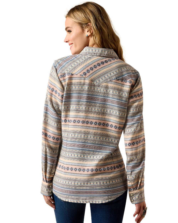 Ombre Blue Southwest coloured Ariat Womens Arizona Western Snap Shirt on white background #colour_ombre-blue-southwest