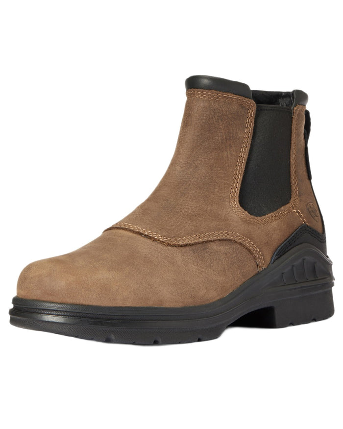 Antique Brown coloured Ariat Womens Barnyard Twin Gore II Waterproof Boot on white background #colour_antique-brown