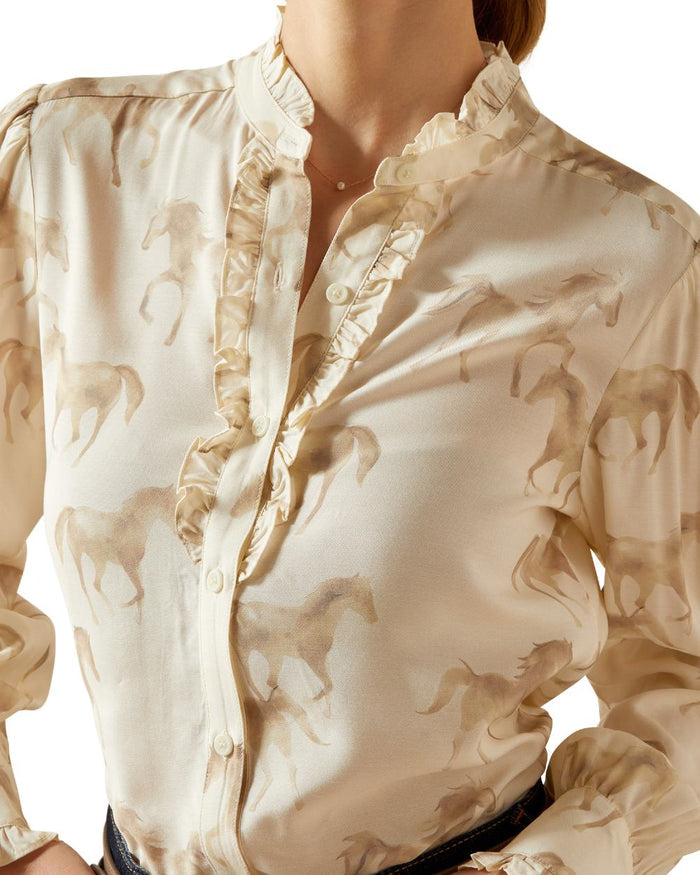 Watercolor Horse Print coloured Ariat Womens Cricklade Blouse on white background #colour_watercolor-horse-print
